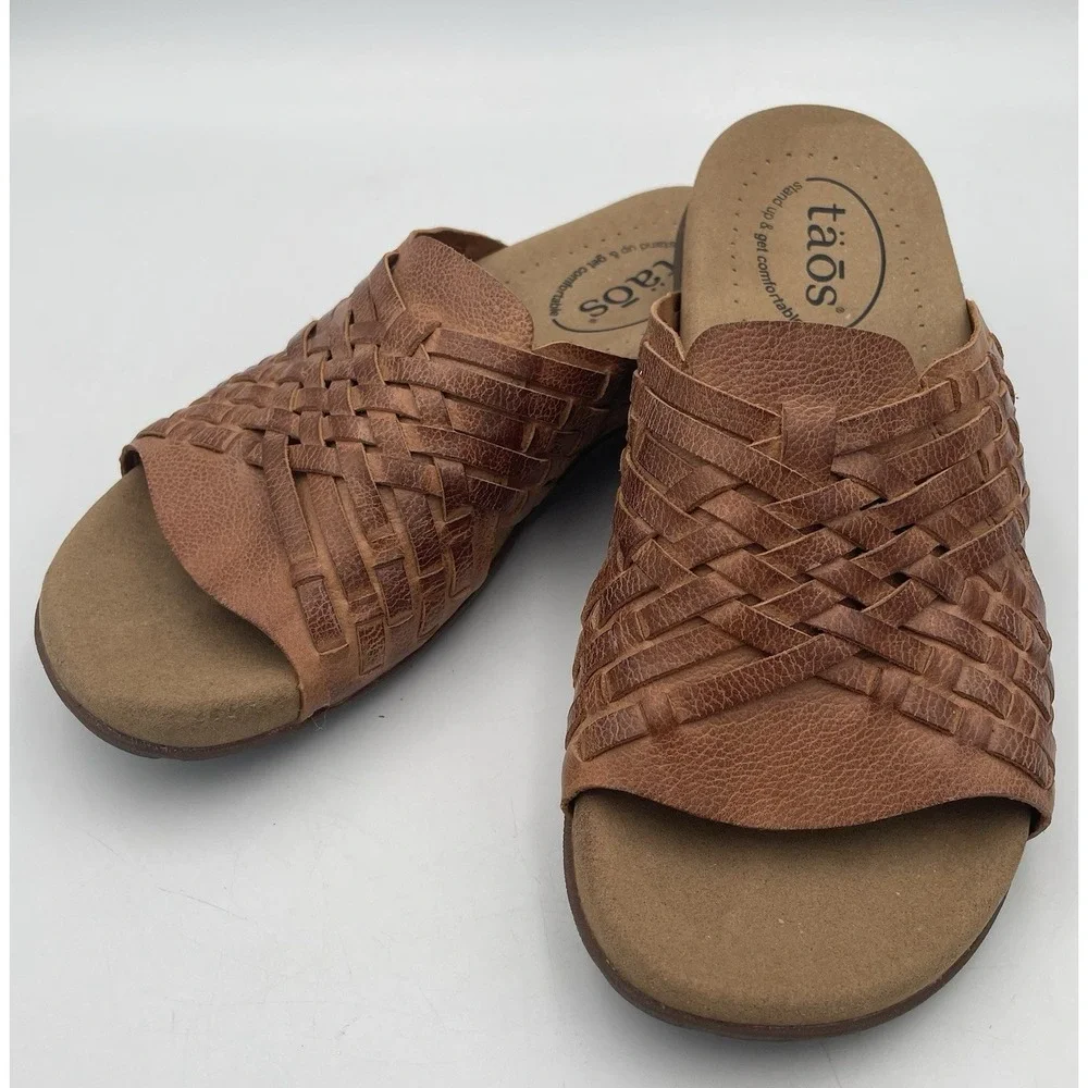 Taos Women's Guru Leather Woven Slide Comfort Sandal Flats Honey Brown Size:6